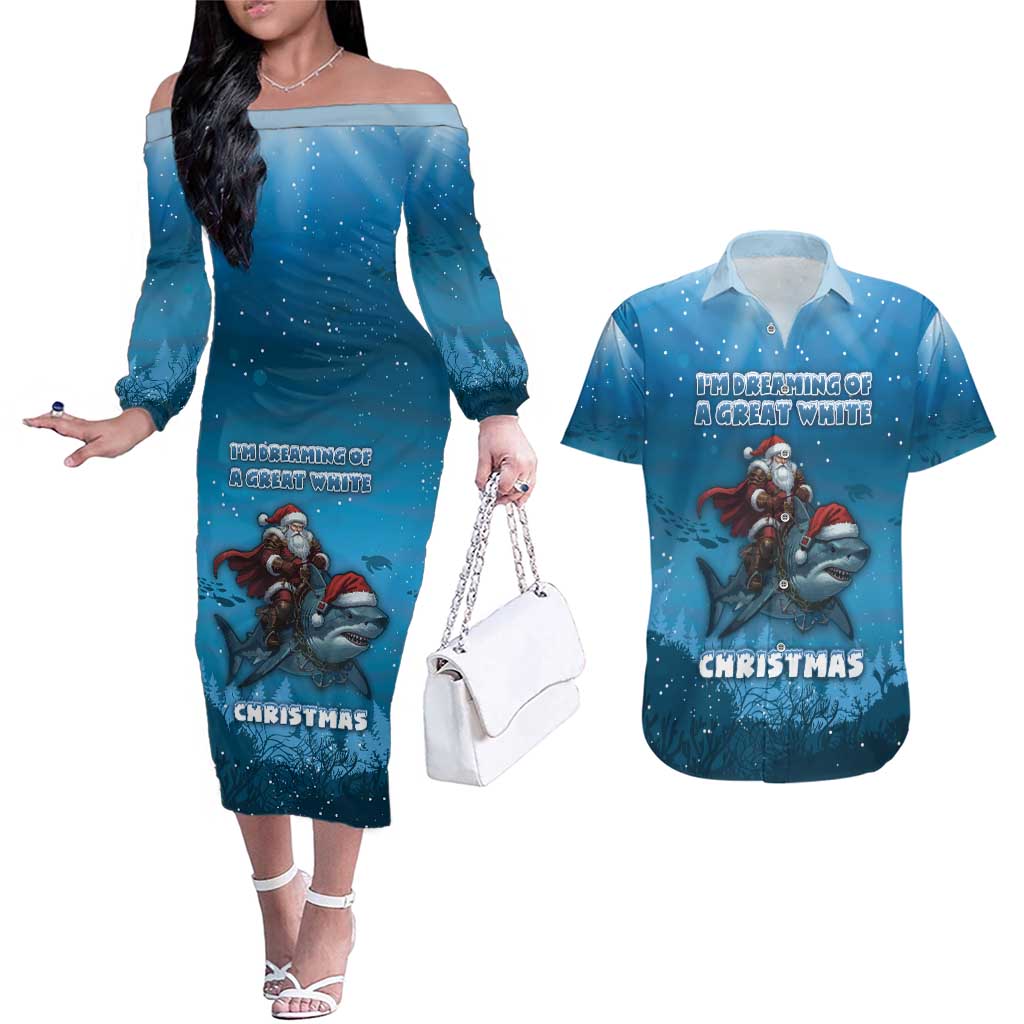 Merry Sharkmas Couples Matching Off The Shoulder Long Sleeve Dress and Hawaiian Shirt I Am Dreaming Of A Great White Christmas - Wonder Print Shop