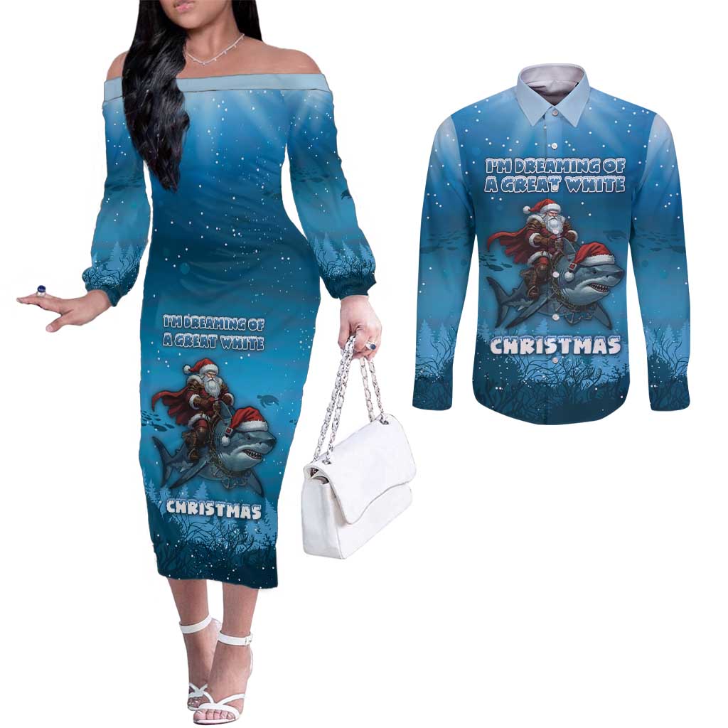 Merry Sharkmas Couples Matching Off The Shoulder Long Sleeve Dress and Long Sleeve Button Shirt I Am Dreaming Of A Great White Christmas - Wonder Print Shop