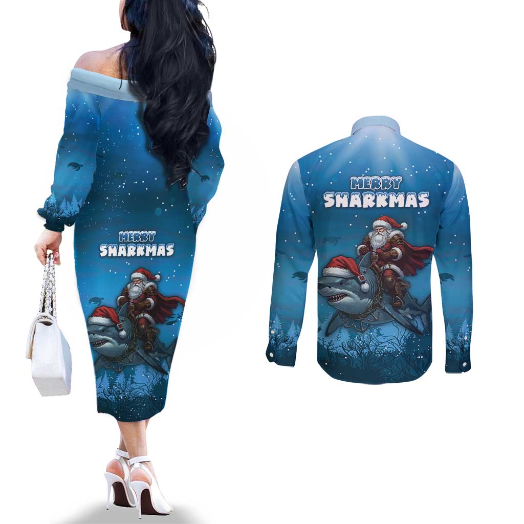 Merry Sharkmas Couples Matching Off The Shoulder Long Sleeve Dress and Long Sleeve Button Shirt I Am Dreaming Of A Great White Christmas - Wonder Print Shop