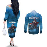 Merry Sharkmas Couples Matching Off The Shoulder Long Sleeve Dress and Long Sleeve Button Shirt I Am Dreaming Of A Great White Christmas - Wonder Print Shop