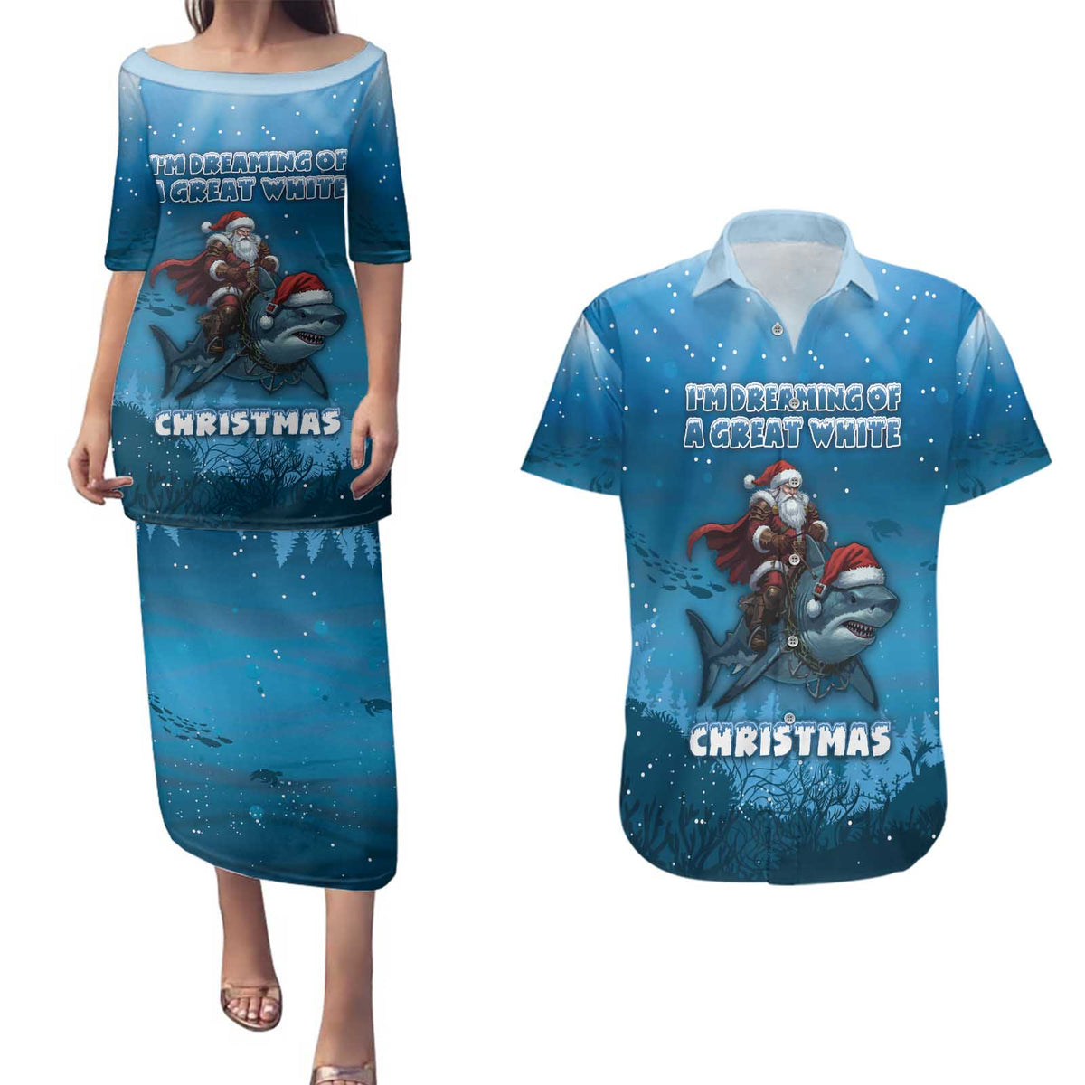 Merry Sharkmas Couples Matching Puletasi and Hawaiian Shirt I Am Dreaming Of A Great White Christmas - Wonder Print Shop
