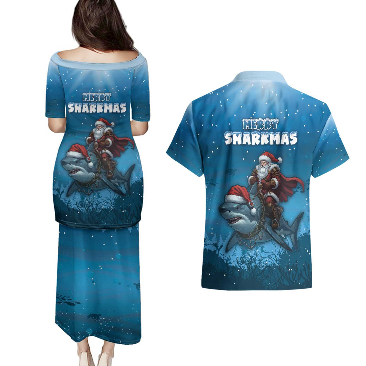 Merry Sharkmas Couples Matching Puletasi and Hawaiian Shirt I Am Dreaming Of A Great White Christmas - Wonder Print Shop