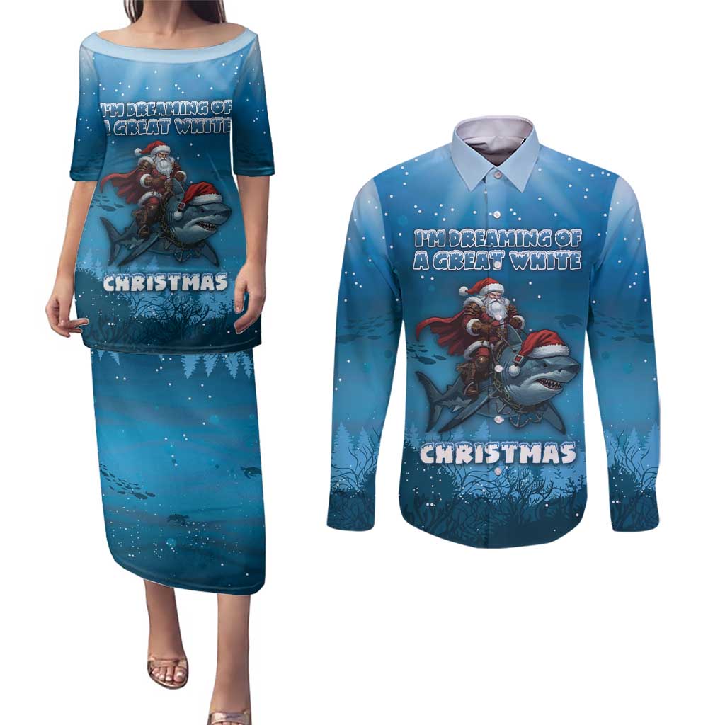 Merry Sharkmas Couples Matching Puletasi and Long Sleeve Button Shirt I Am Dreaming Of A Great White Christmas - Wonder Print Shop