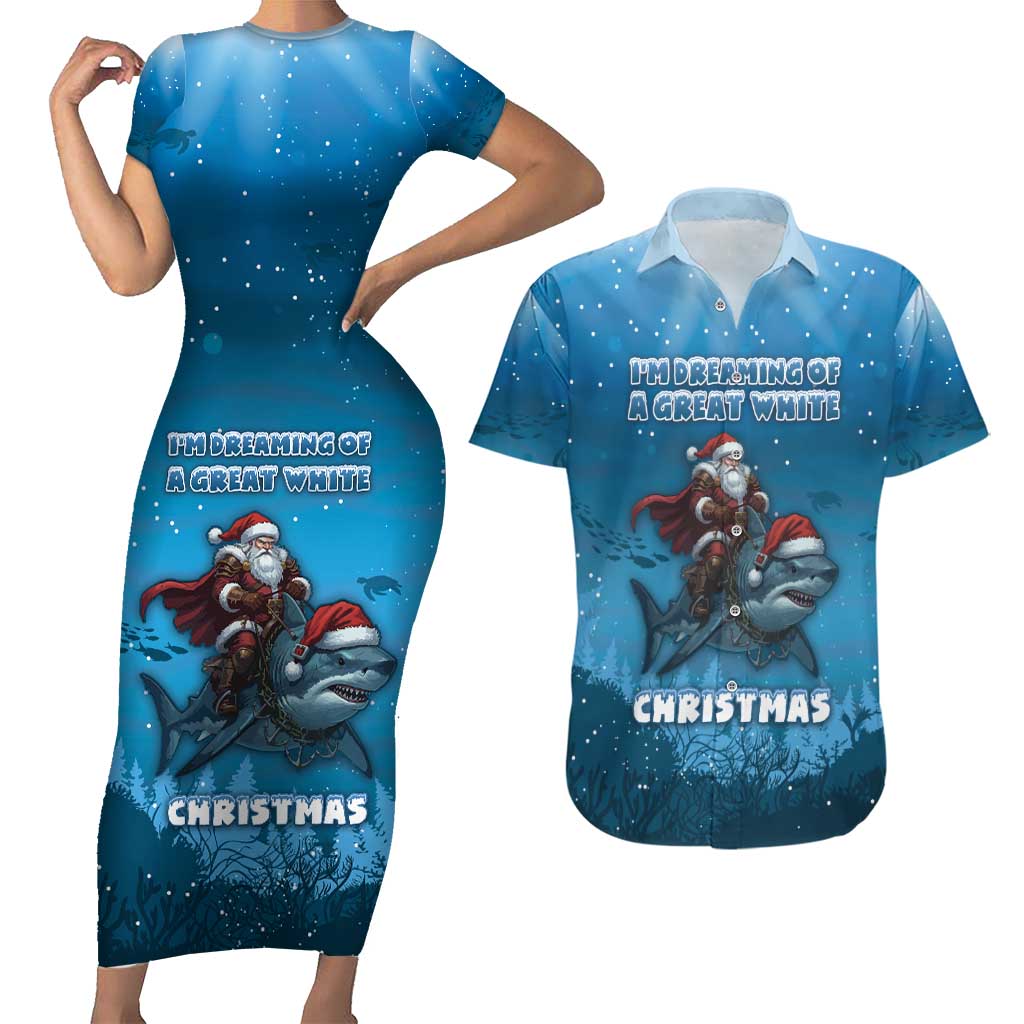 Merry Sharkmas Couples Matching Short Sleeve Bodycon Dress and Hawaiian Shirt I Am Dreaming Of A Great White Christmas - Wonder Print Shop