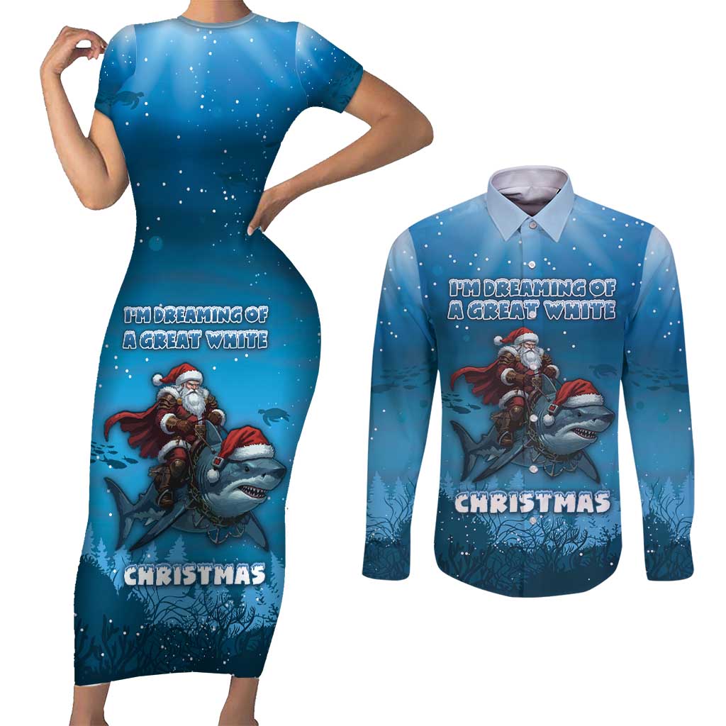 Merry Sharkmas Couples Matching Short Sleeve Bodycon Dress and Long Sleeve Button Shirt I Am Dreaming Of A Great White Christmas - Wonder Print Shop