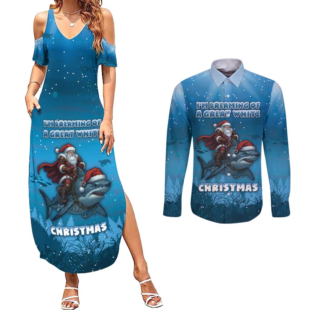 Merry Sharkmas Couples Matching Summer Maxi Dress and Long Sleeve Button Shirt I Am Dreaming Of A Great White Christmas - Wonder Print Shop