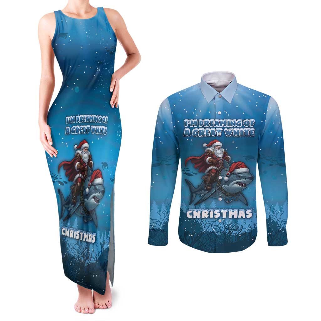 Merry Sharkmas Couples Matching Tank Maxi Dress and Long Sleeve Button Shirt I Am Dreaming Of A Great White Christmas - Wonder Print Shop