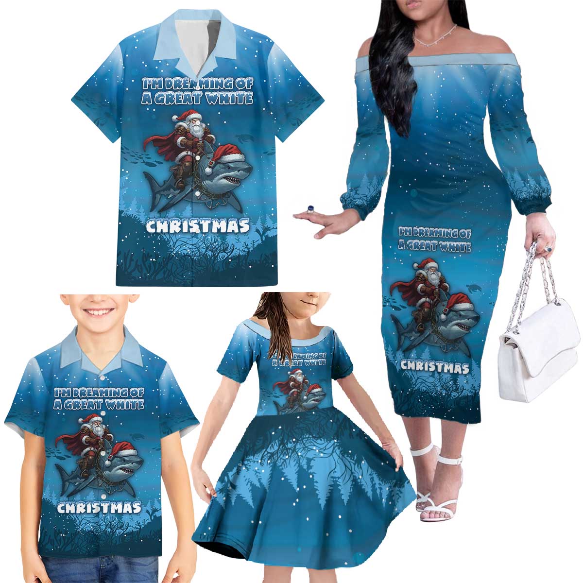 Merry Sharkmas Family Matching Off The Shoulder Long Sleeve Dress and Hawaiian Shirt I Am Dreaming Of A Great White Christmas - Wonder Print Shop