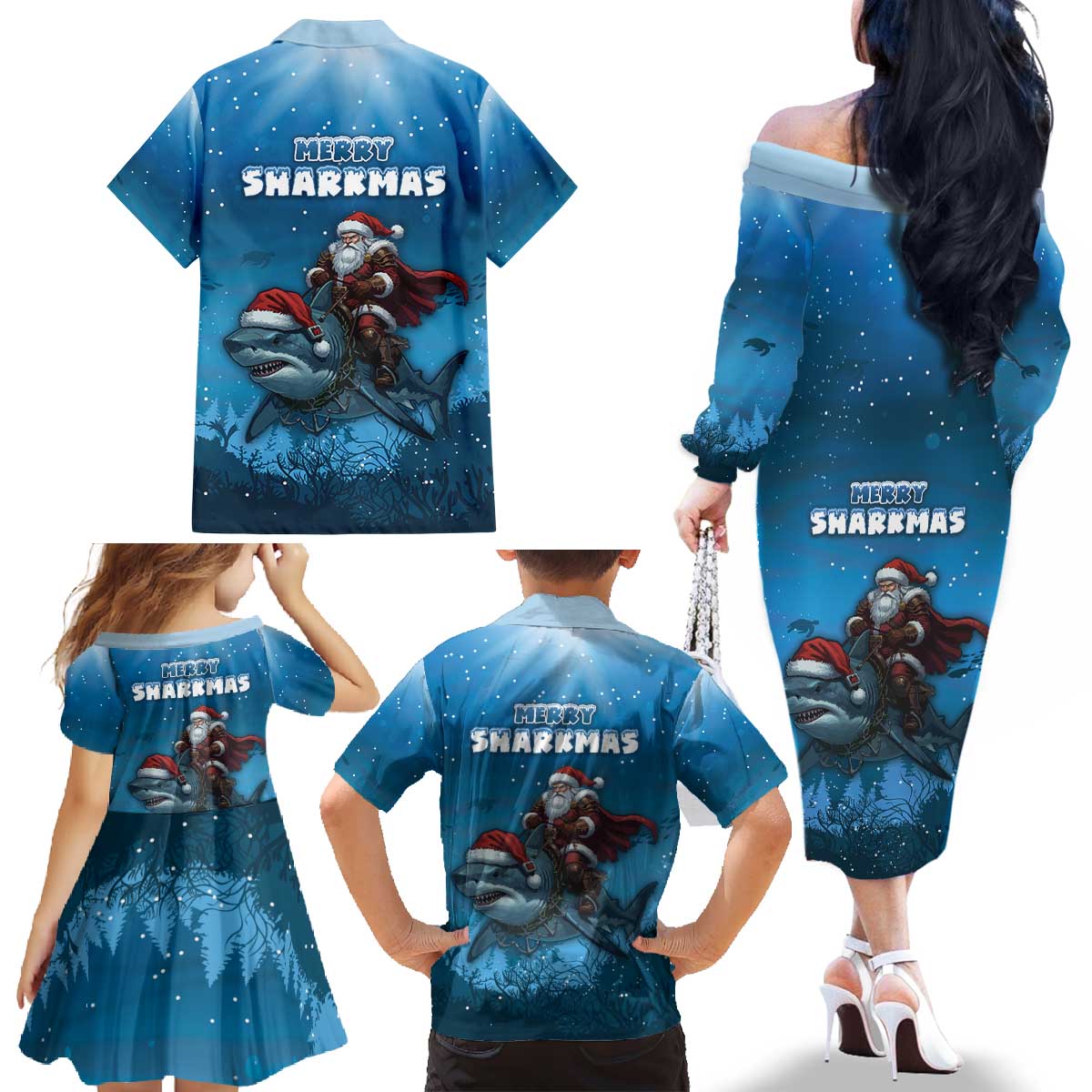 Merry Sharkmas Family Matching Off The Shoulder Long Sleeve Dress and Hawaiian Shirt I Am Dreaming Of A Great White Christmas - Wonder Print Shop