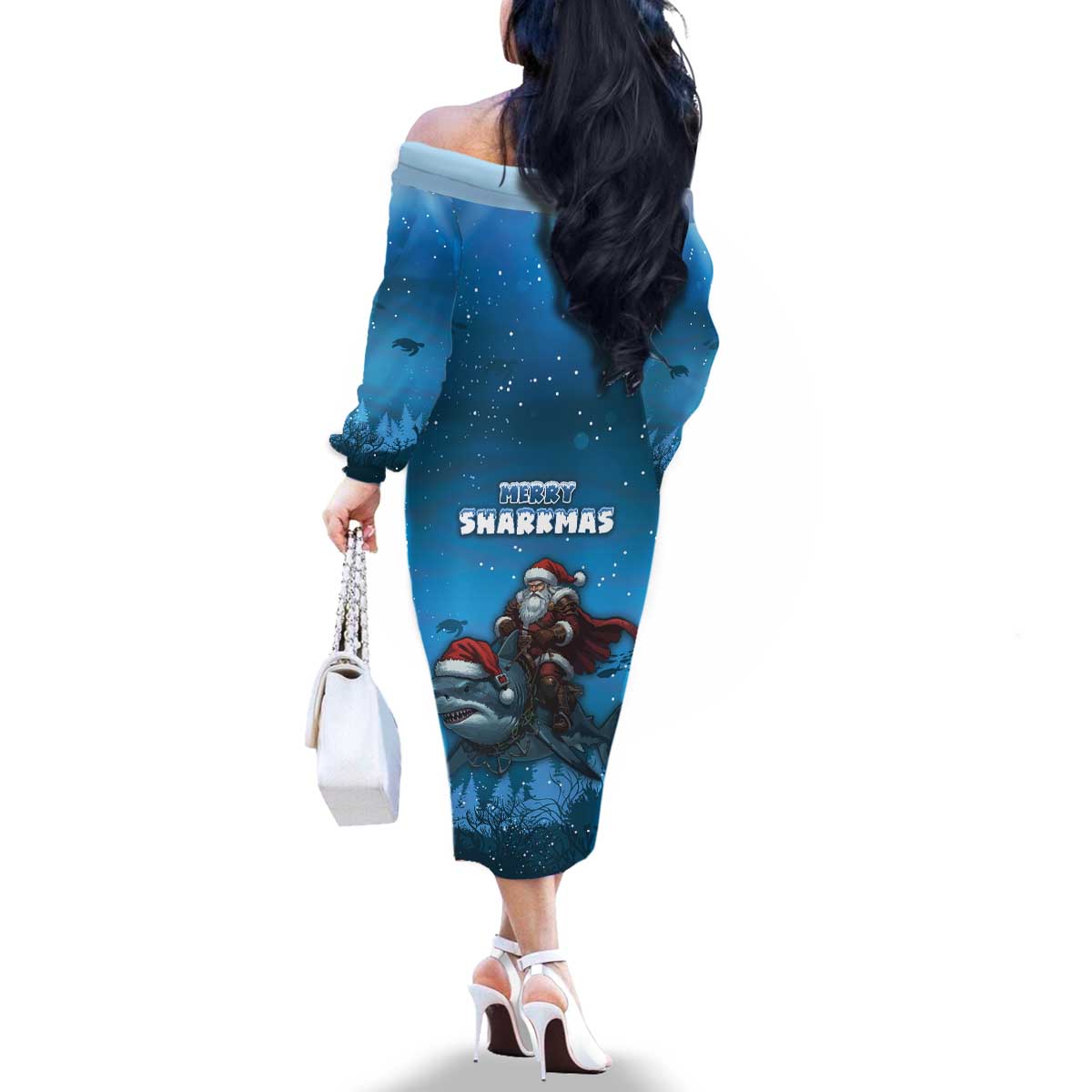 Merry Sharkmas Family Matching Off The Shoulder Long Sleeve Dress and Hawaiian Shirt I Am Dreaming Of A Great White Christmas - Wonder Print Shop