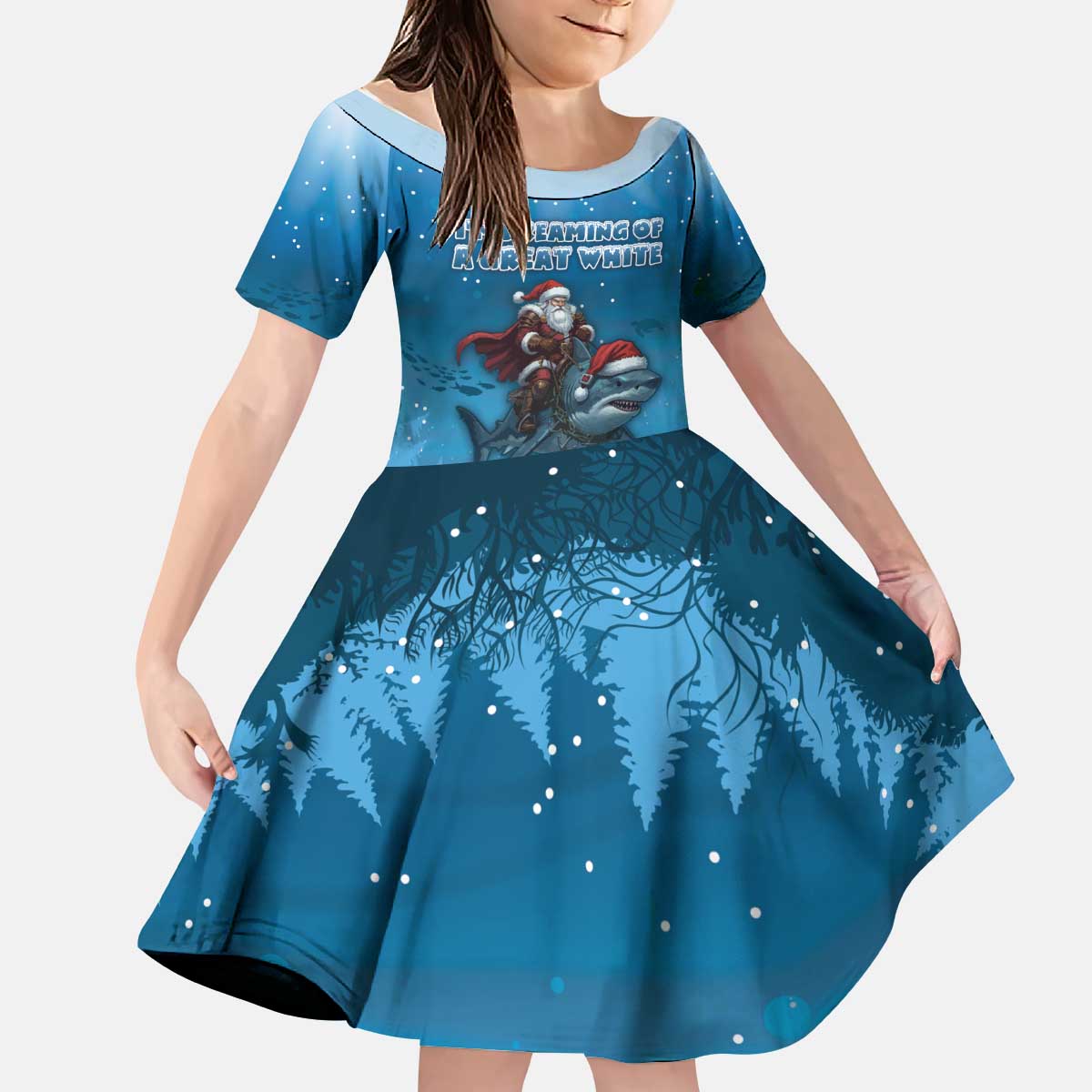 Merry Sharkmas Kid Short Sleeve Dress I Am Dreaming Of A Great White Christmas - Wonder Print Shop