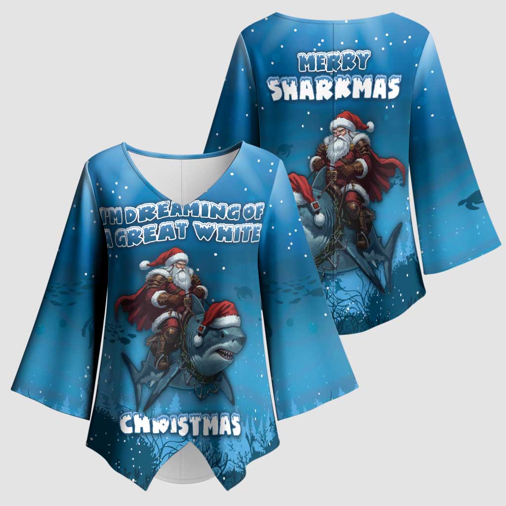 Merry Sharkmas Kimono Sleeve Blouse I Am Dreaming Of A Great White Christmas - Wonder Print Shop