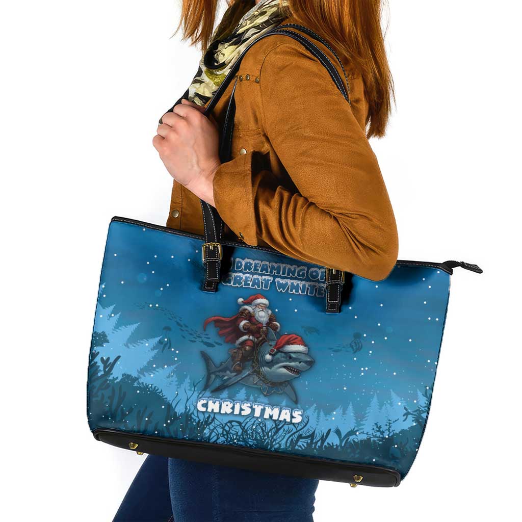 Merry Sharkmas Leather Tote Bag I Am Dreaming Of A Great White Christmas - Wonder Print Shop