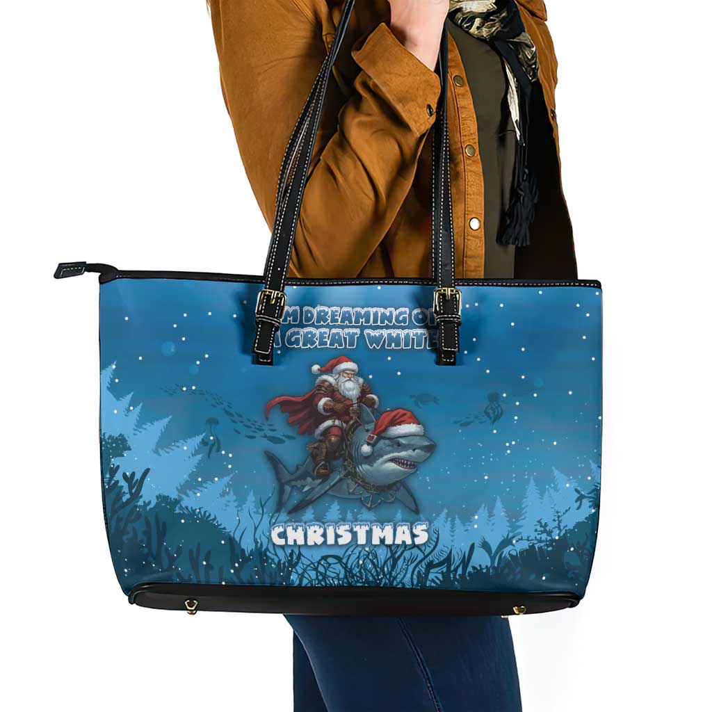 Merry Sharkmas Leather Tote Bag I Am Dreaming Of A Great White Christmas - Wonder Print Shop