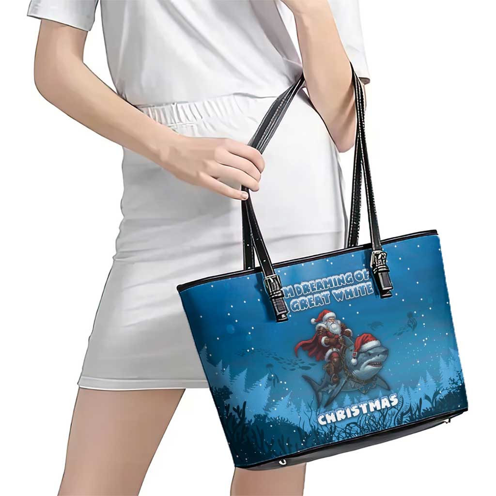 Merry Sharkmas Leather Tote Bag I Am Dreaming Of A Great White Christmas - Wonder Print Shop