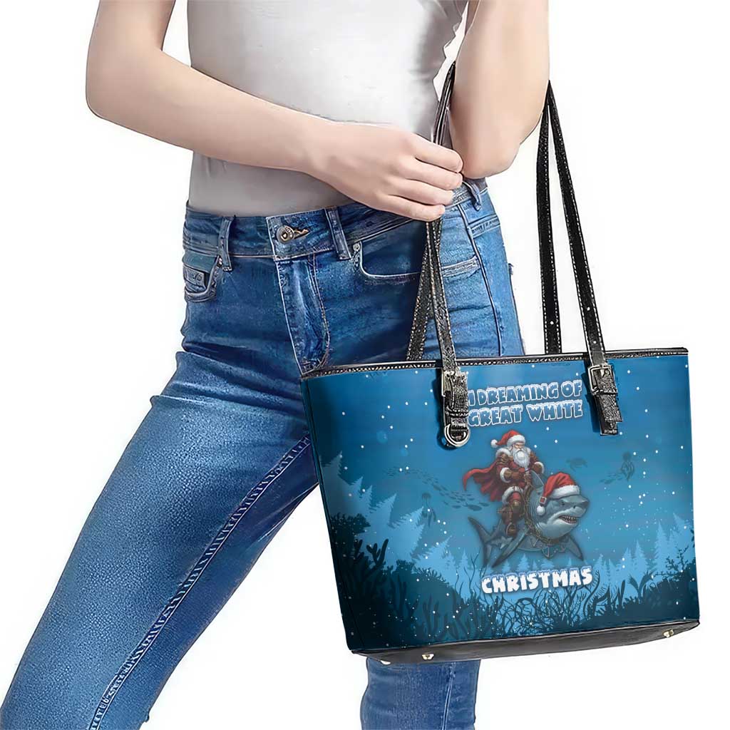 Merry Sharkmas Leather Tote Bag I Am Dreaming Of A Great White Christmas - Wonder Print Shop