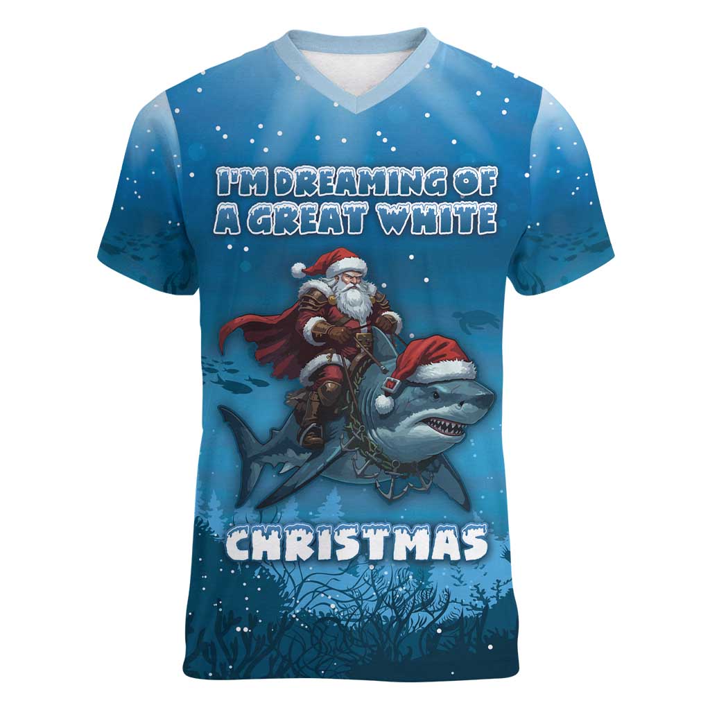 Merry Sharkmas Women V-Neck T-Shirt I Am Dreaming Of A Great White Christmas - Wonder Print Shop