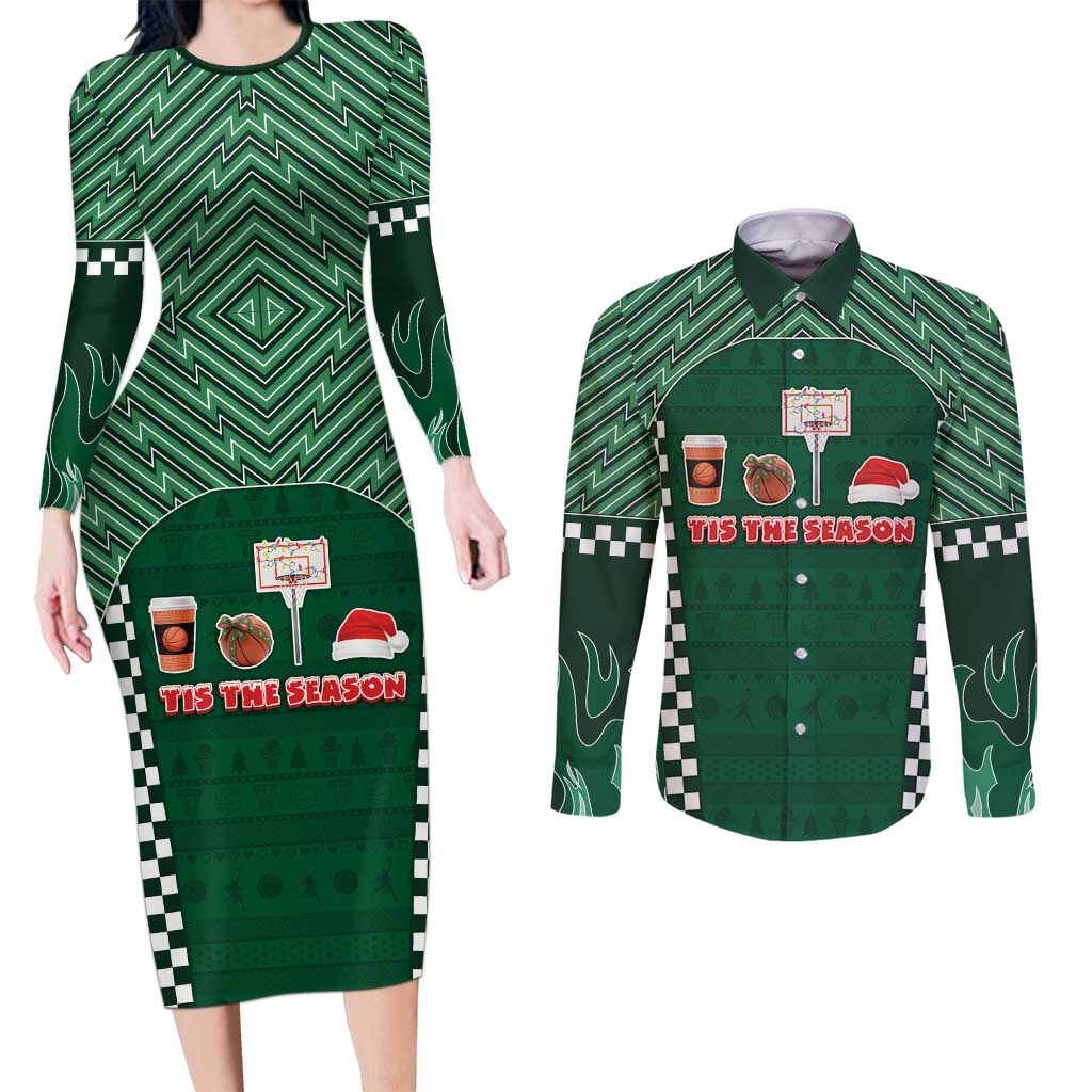 Basketball Christmas Couples Matching Long Sleeve Bodycon Dress and Long Sleeve Button Shirt Tis The Season - Wonder Print Shop