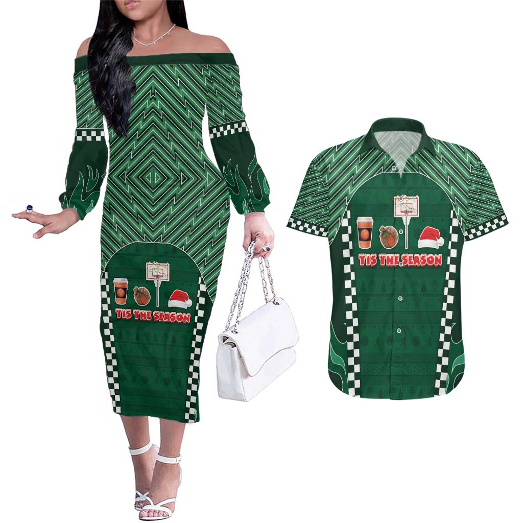 Basketball Christmas Couples Matching Off The Shoulder Long Sleeve Dress and Hawaiian Shirt Tis The Season - Wonder Print Shop