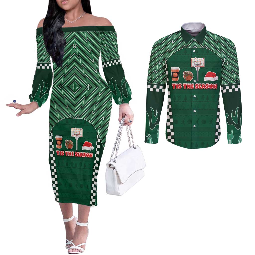 Basketball Christmas Couples Matching Off The Shoulder Long Sleeve Dress and Long Sleeve Button Shirt Tis The Season - Wonder Print Shop