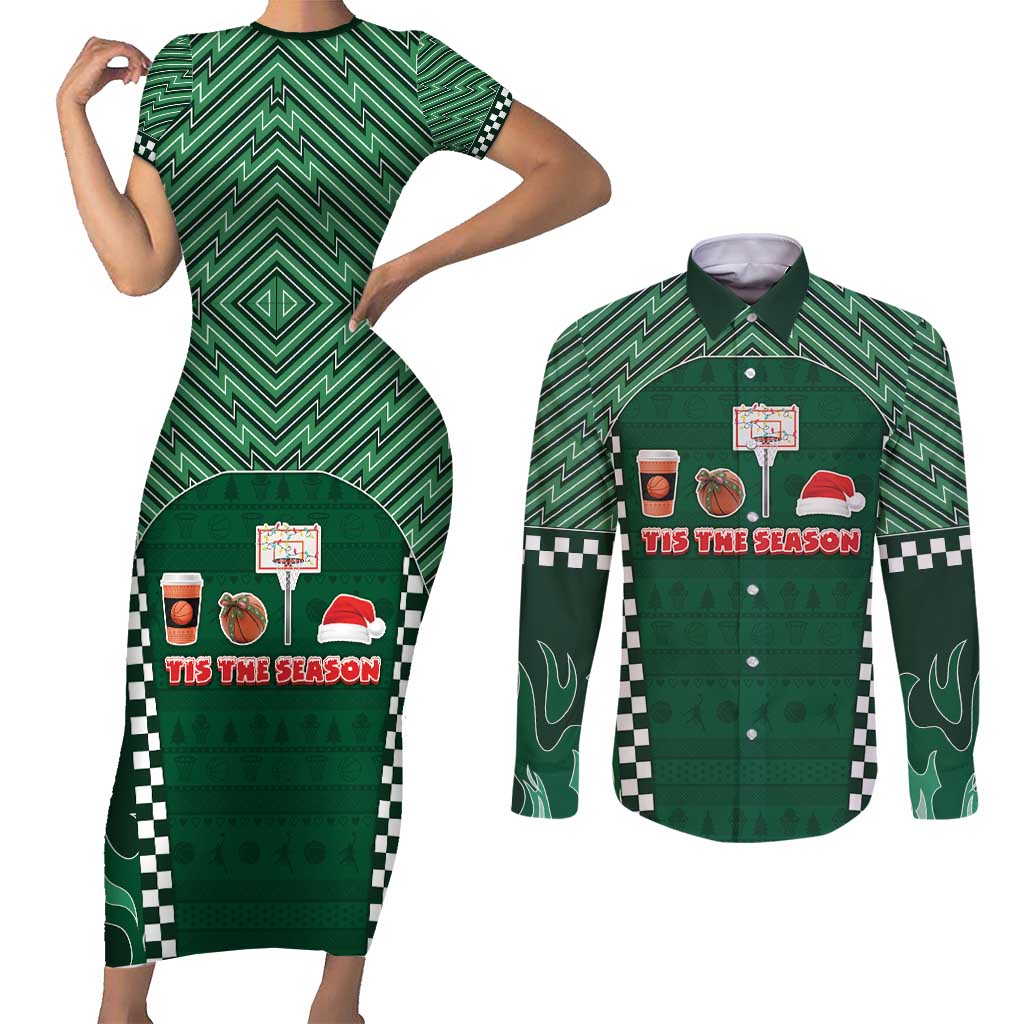 Basketball Christmas Couples Matching Short Sleeve Bodycon Dress and Long Sleeve Button Shirt Tis The Season - Wonder Print Shop