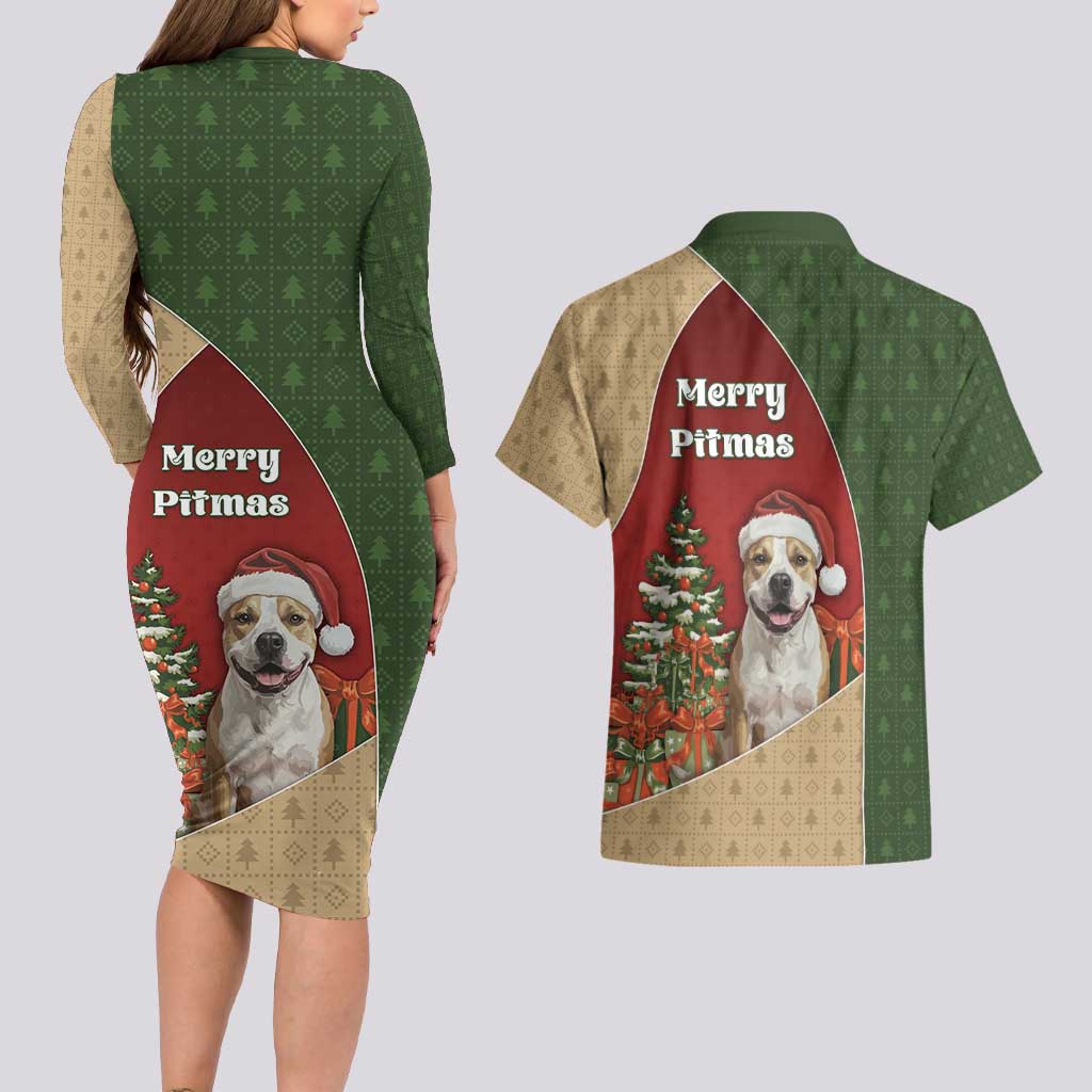 Merry Pitmas Couples Matching Long Sleeve Bodycon Dress and Hawaiian Shirt Santa Baby Slip A Pittie Under The Tree For Me - Wonder Print Shop