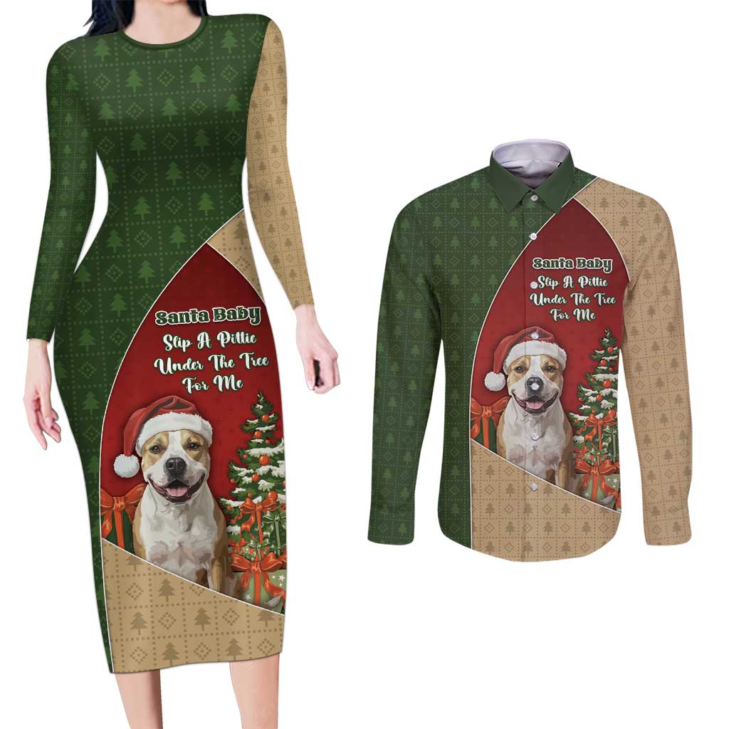 Merry Pitmas Couples Matching Long Sleeve Bodycon Dress and Long Sleeve Button Shirt Santa Baby Slip A Pittie Under The Tree For Me - Wonder Print Shop