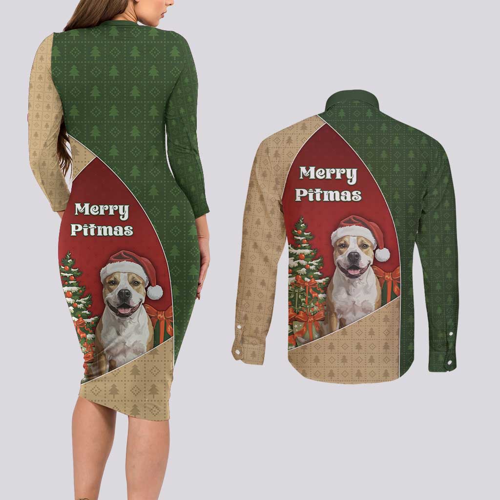 Merry Pitmas Couples Matching Long Sleeve Bodycon Dress and Long Sleeve Button Shirt Santa Baby Slip A Pittie Under The Tree For Me - Wonder Print Shop