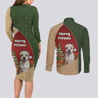 Merry Pitmas Couples Matching Long Sleeve Bodycon Dress and Long Sleeve Button Shirt Santa Baby Slip A Pittie Under The Tree For Me - Wonder Print Shop