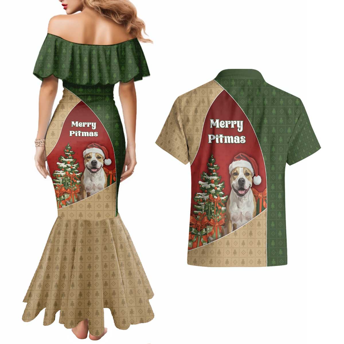 Merry Pitmas Couples Matching Mermaid Dress and Hawaiian Shirt Santa Baby Slip A Pittie Under The Tree For Me - Wonder Print Shop