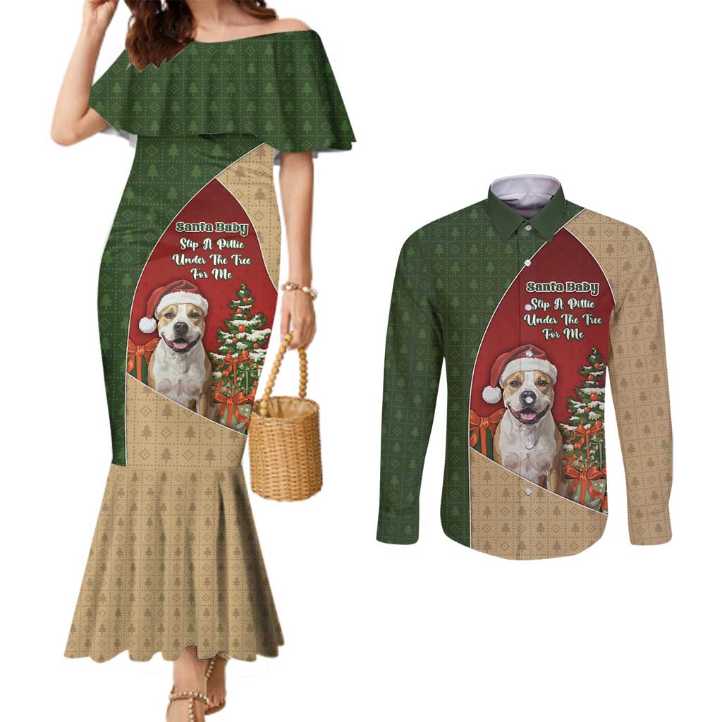 Merry Pitmas Couples Matching Mermaid Dress and Long Sleeve Button Shirt Santa Baby Slip A Pittie Under The Tree For Me - Wonder Print Shop