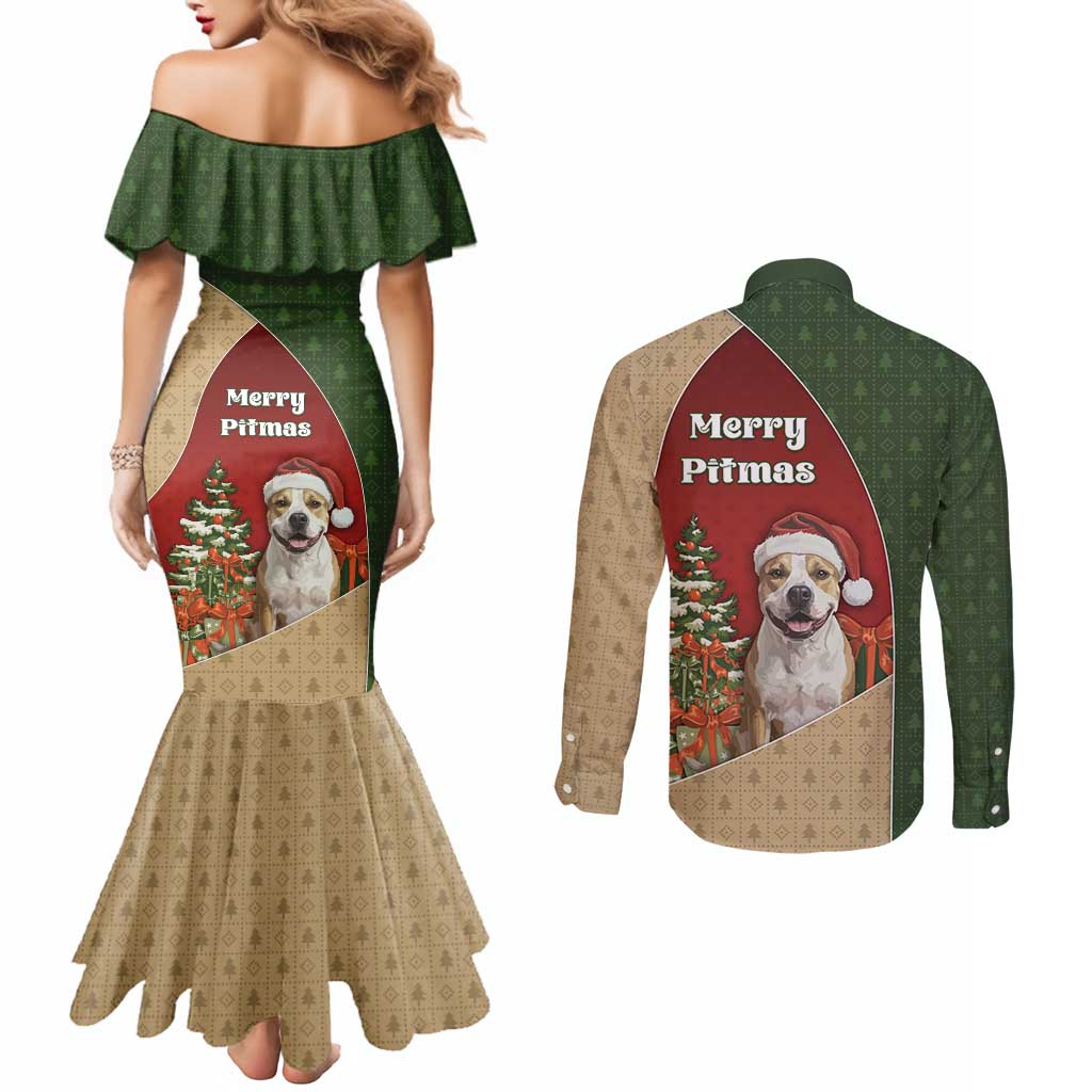 Merry Pitmas Couples Matching Mermaid Dress and Long Sleeve Button Shirt Santa Baby Slip A Pittie Under The Tree For Me - Wonder Print Shop