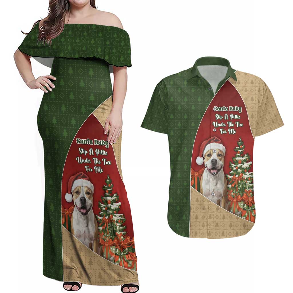 Merry Pitmas Couples Matching Off Shoulder Maxi Dress and Hawaiian Shirt Santa Baby Slip A Pittie Under The Tree For Me - Wonder Print Shop