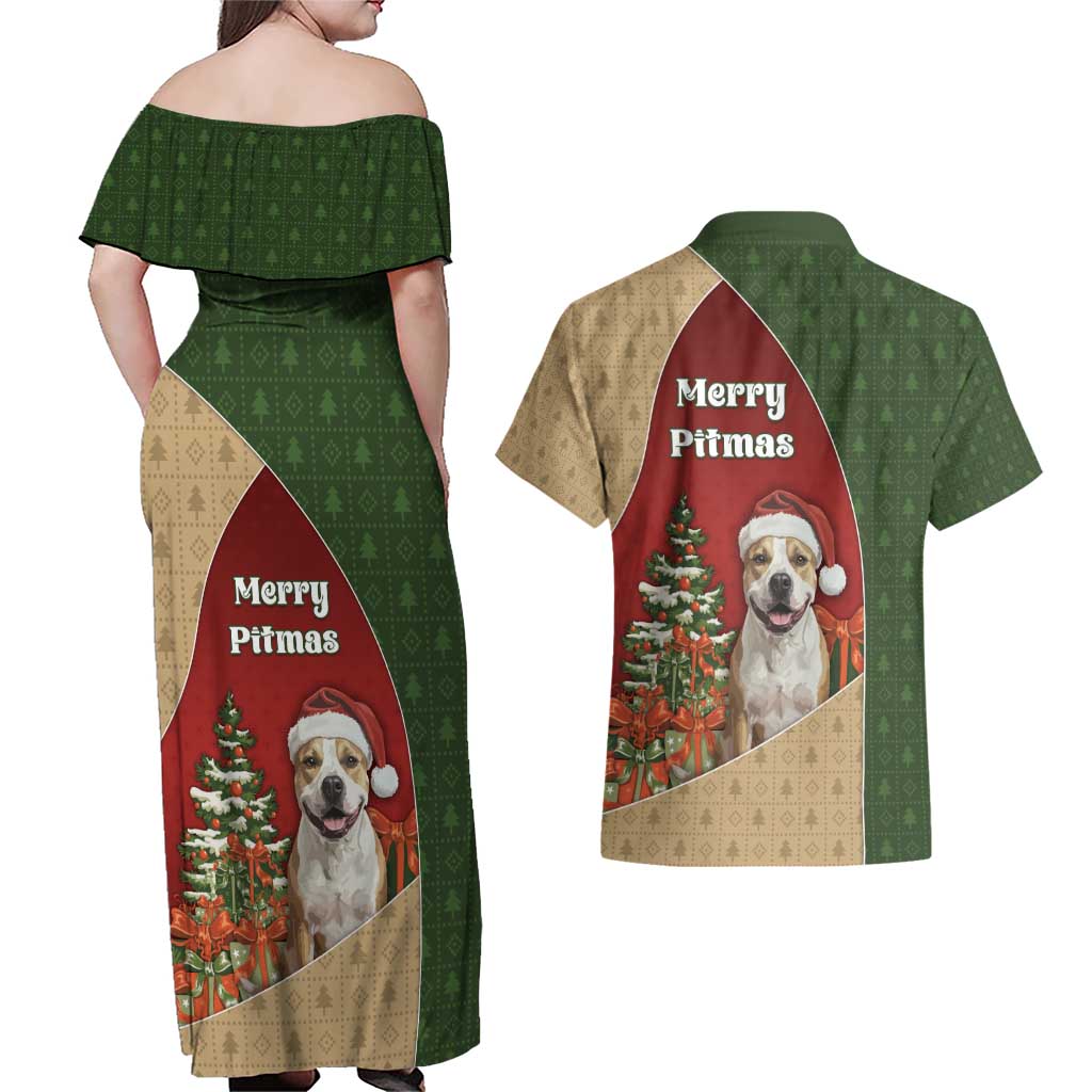 Merry Pitmas Couples Matching Off Shoulder Maxi Dress and Hawaiian Shirt Santa Baby Slip A Pittie Under The Tree For Me - Wonder Print Shop