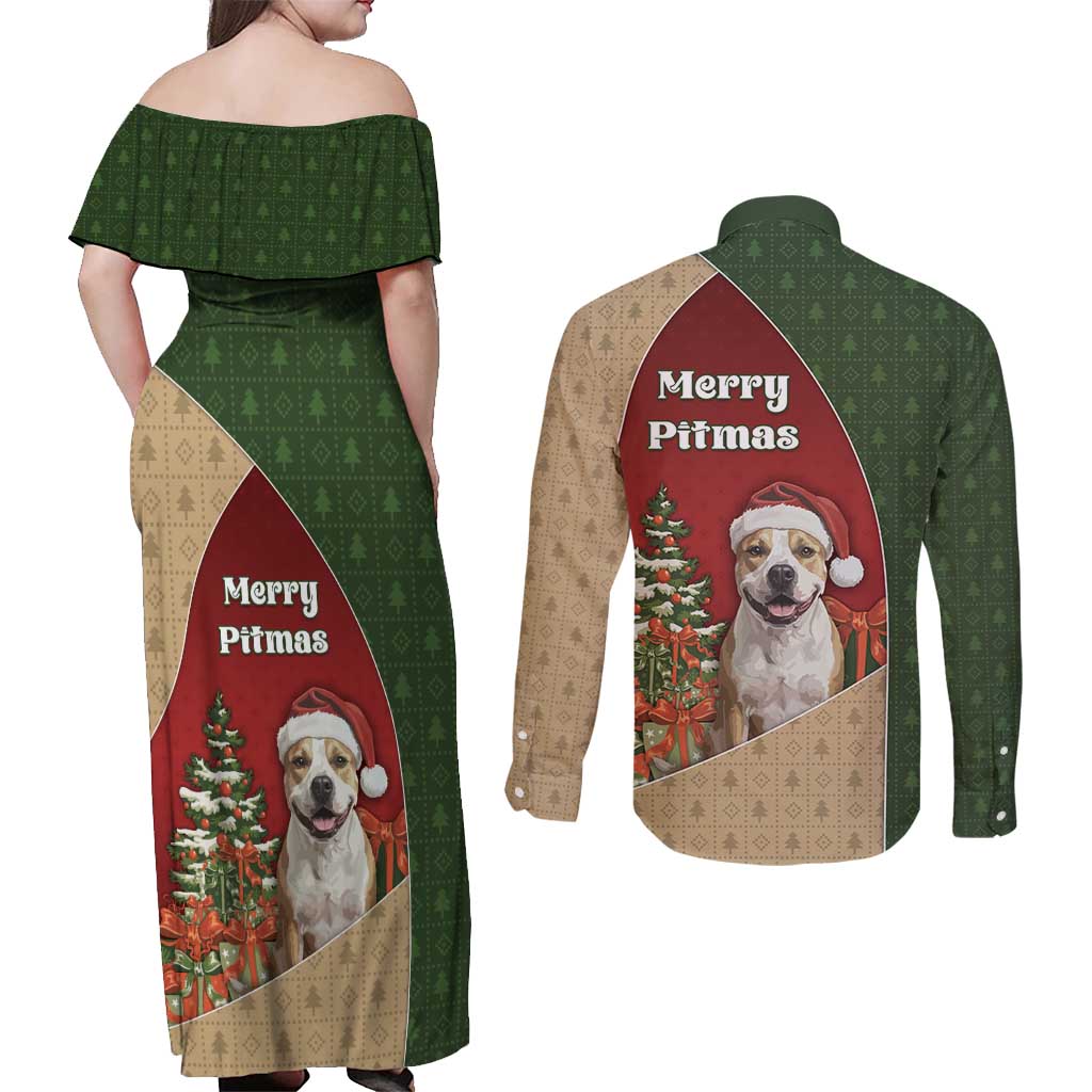 Merry Pitmas Couples Matching Off Shoulder Maxi Dress and Long Sleeve Button Shirt Santa Baby Slip A Pittie Under The Tree For Me - Wonder Print Shop