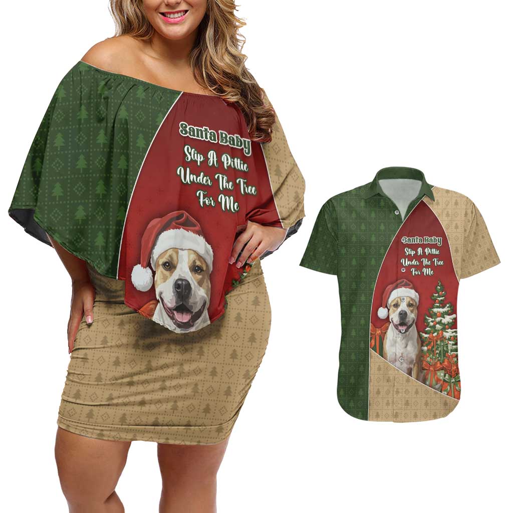 Merry Pitmas Couples Matching Off Shoulder Short Dress and Hawaiian Shirt Santa Baby Slip A Pittie Under The Tree For Me - Wonder Print Shop