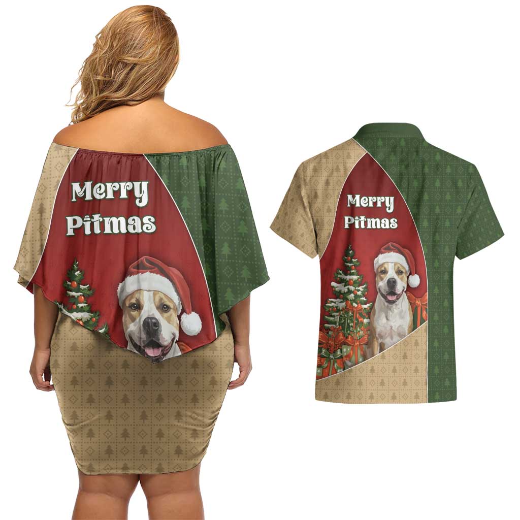 Merry Pitmas Couples Matching Off Shoulder Short Dress and Hawaiian Shirt Santa Baby Slip A Pittie Under The Tree For Me - Wonder Print Shop