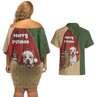 Merry Pitmas Couples Matching Off Shoulder Short Dress and Hawaiian Shirt Santa Baby Slip A Pittie Under The Tree For Me - Wonder Print Shop