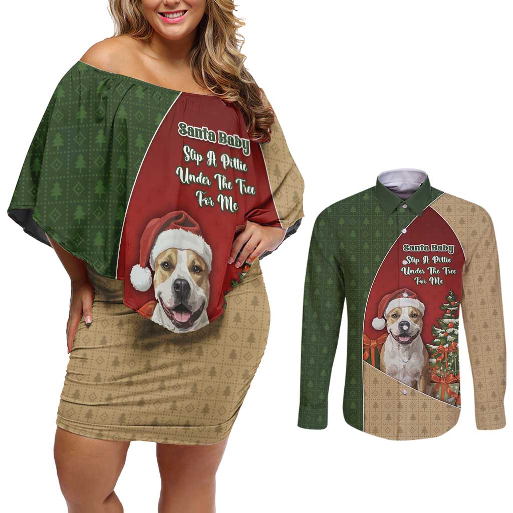 Merry Pitmas Couples Matching Off Shoulder Short Dress and Long Sleeve Button Shirt Santa Baby Slip A Pittie Under The Tree For Me - Wonder Print Shop