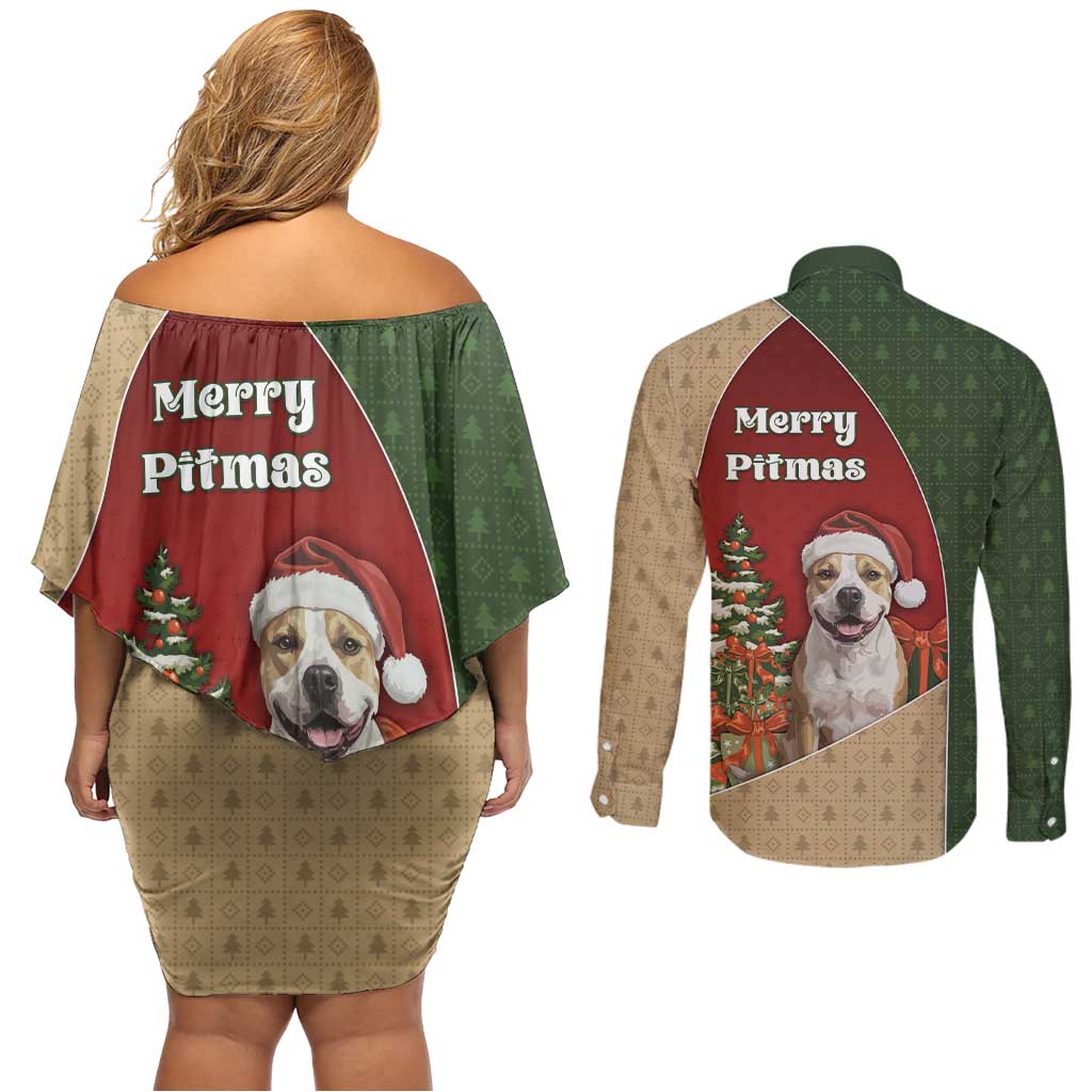 Merry Pitmas Couples Matching Off Shoulder Short Dress and Long Sleeve Button Shirt Santa Baby Slip A Pittie Under The Tree For Me - Wonder Print Shop