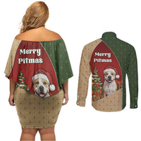 Merry Pitmas Couples Matching Off Shoulder Short Dress and Long Sleeve Button Shirt Santa Baby Slip A Pittie Under The Tree For Me - Wonder Print Shop