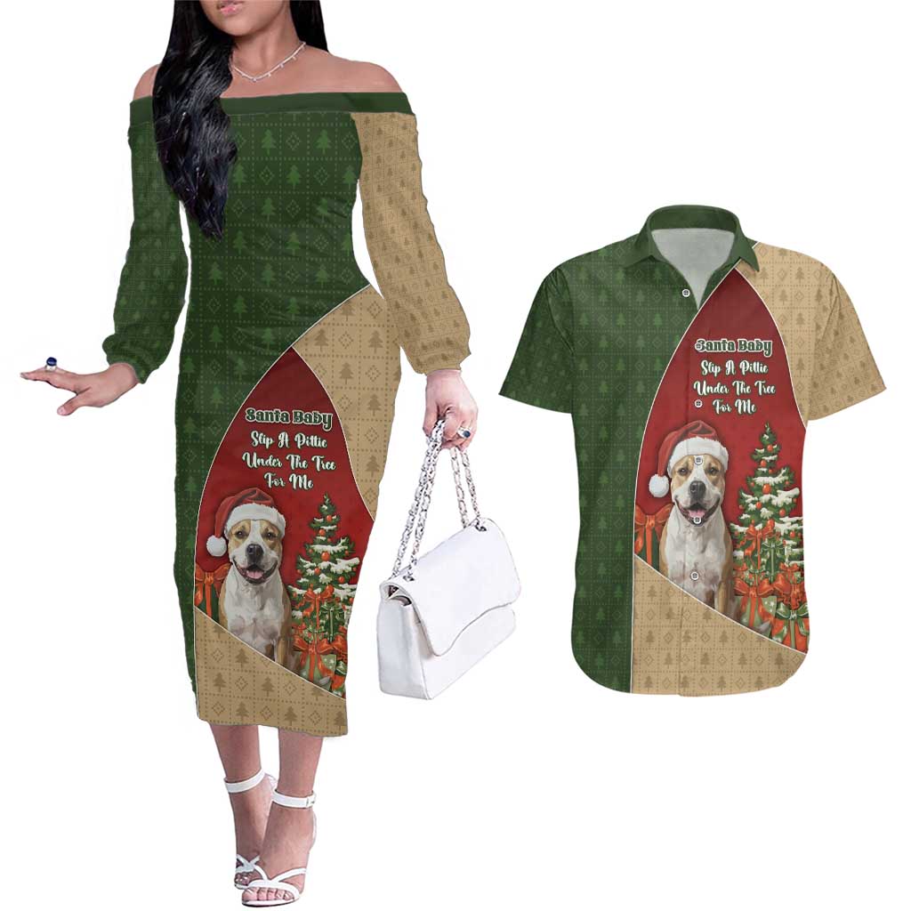 Merry Pitmas Couples Matching Off The Shoulder Long Sleeve Dress and Hawaiian Shirt Santa Baby Slip A Pittie Under The Tree For Me - Wonder Print Shop