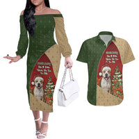 Merry Pitmas Couples Matching Off The Shoulder Long Sleeve Dress and Hawaiian Shirt Santa Baby Slip A Pittie Under The Tree For Me - Wonder Print Shop