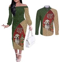 Merry Pitmas Couples Matching Off The Shoulder Long Sleeve Dress and Long Sleeve Button Shirt Santa Baby Slip A Pittie Under The Tree For Me - Wonder Print Shop