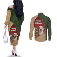 Merry Pitmas Couples Matching Off The Shoulder Long Sleeve Dress and Long Sleeve Button Shirt Santa Baby Slip A Pittie Under The Tree For Me - Wonder Print Shop