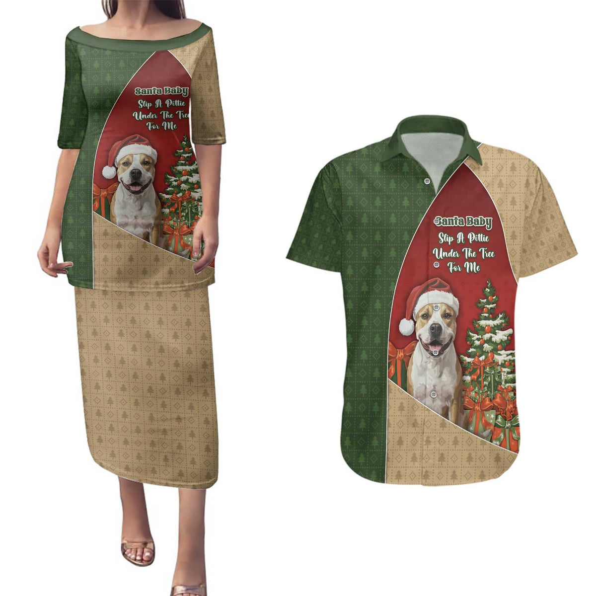 Merry Pitmas Couples Matching Puletasi and Hawaiian Shirt Santa Baby Slip A Pittie Under The Tree For Me - Wonder Print Shop