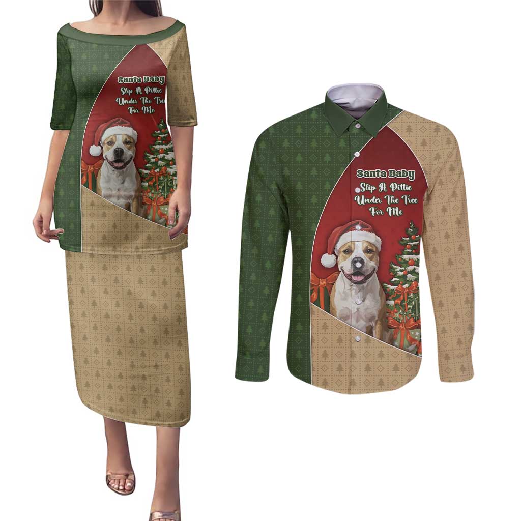 Merry Pitmas Couples Matching Puletasi and Long Sleeve Button Shirt Santa Baby Slip A Pittie Under The Tree For Me - Wonder Print Shop