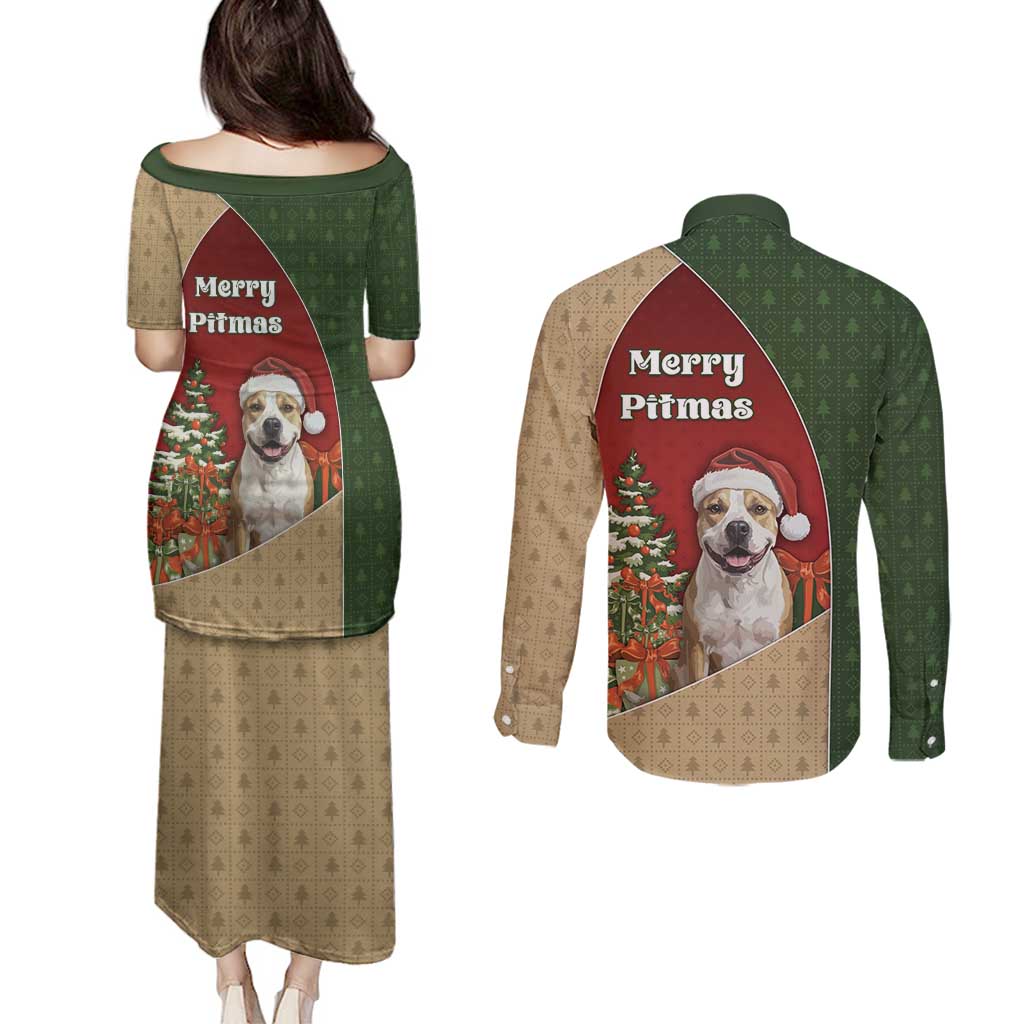 Merry Pitmas Couples Matching Puletasi and Long Sleeve Button Shirt Santa Baby Slip A Pittie Under The Tree For Me - Wonder Print Shop
