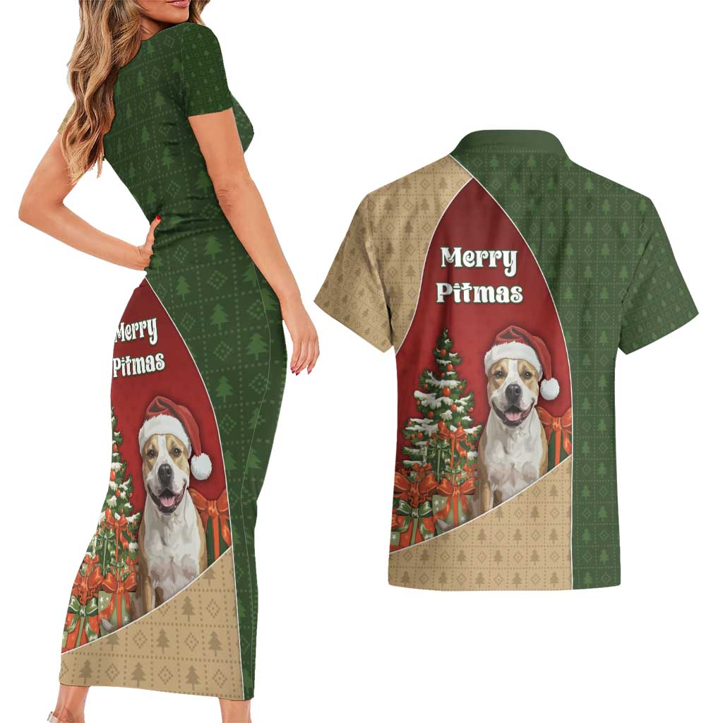 Merry Pitmas Couples Matching Short Sleeve Bodycon Dress and Hawaiian Shirt Santa Baby Slip A Pittie Under The Tree For Me - Wonder Print Shop