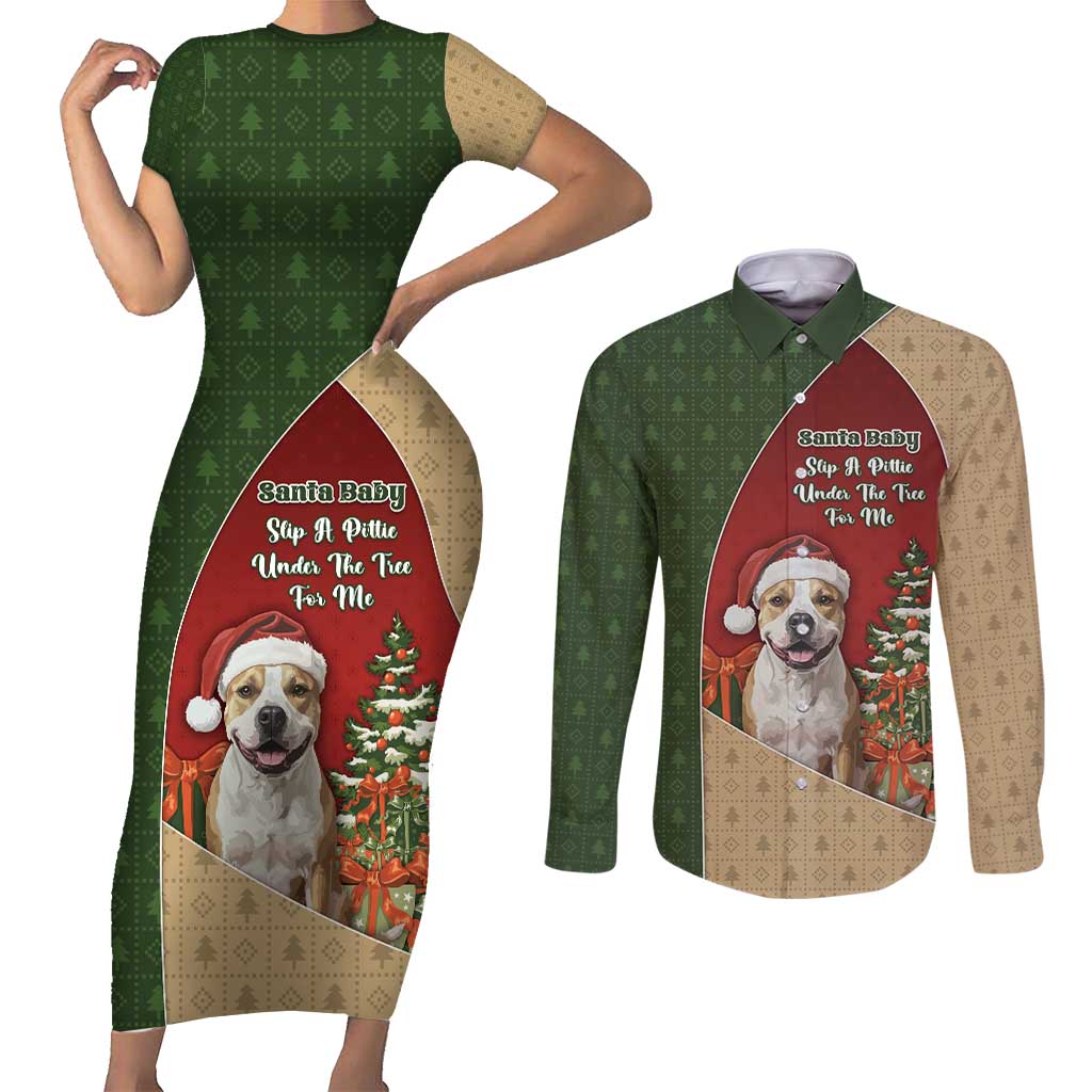 Merry Pitmas Couples Matching Short Sleeve Bodycon Dress and Long Sleeve Button Shirt Santa Baby Slip A Pittie Under The Tree For Me - Wonder Print Shop